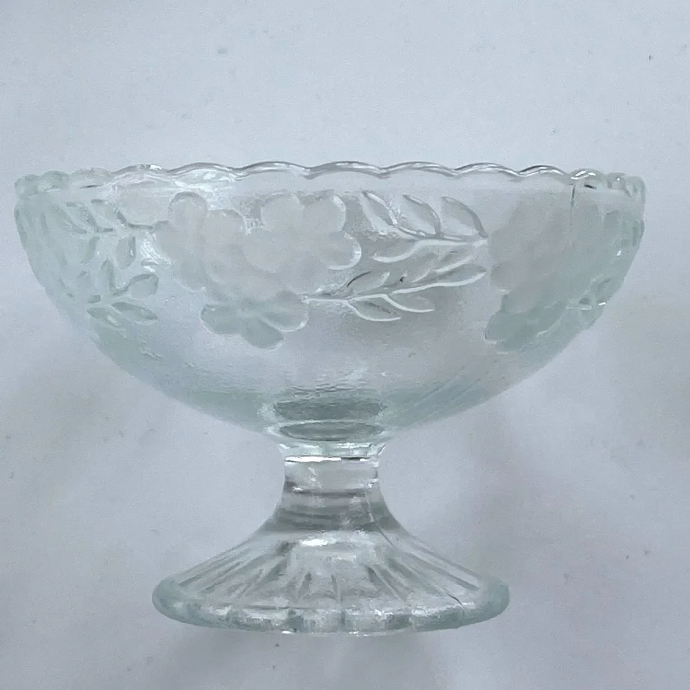 Vintage Dessert Footed Pressed Glass Bowls • Raised Frosted Daisy Pattern • (2)